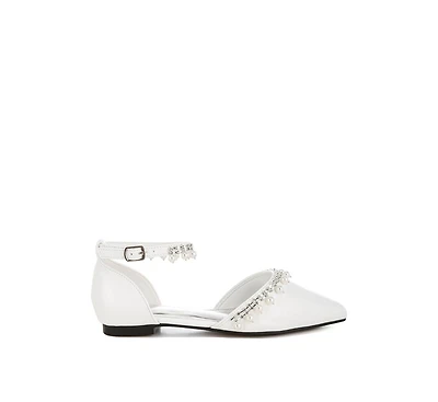 Aouva Rhinestone & Pearl Ankle Strap Flat Sandals