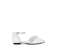 Aouva Rhinestone & Pearl Ankle Strap Flat Sandals