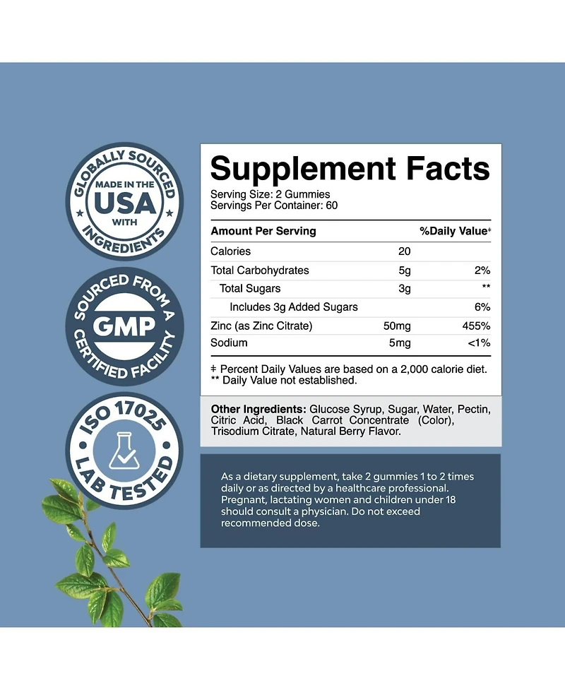 Extra Strength Zinc Gummies for Adults, Chewable Zinc Citrate 50mg Immunity Gummies, Gluten & Gelatin Free Non-gmo, Mixed Berry, Nature's Craft, 120ct