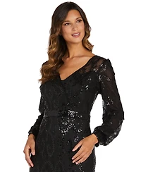 R & M Richards Sequined Blouson-Sleeve Gown