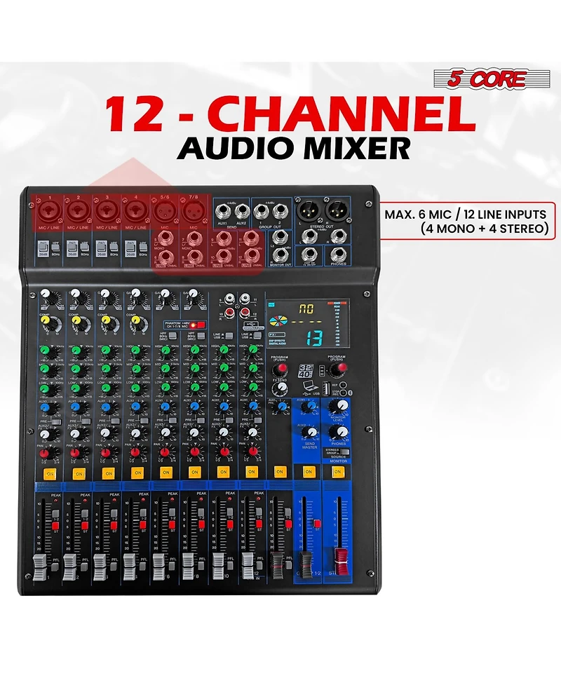 5 Core Audio Dj Mixer 12 Channel Sound Board Console w 99 Dsp Effect 48V Phantom Power