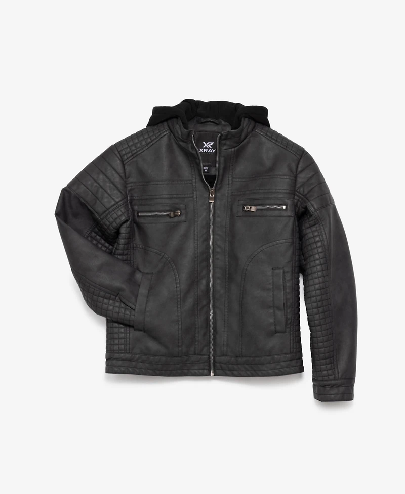 Boy's Lined Moto Pu Leather Jacket With Removable Hood