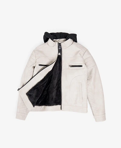Boy's Lined Moto Pu Leather Jacket With Removable Hood