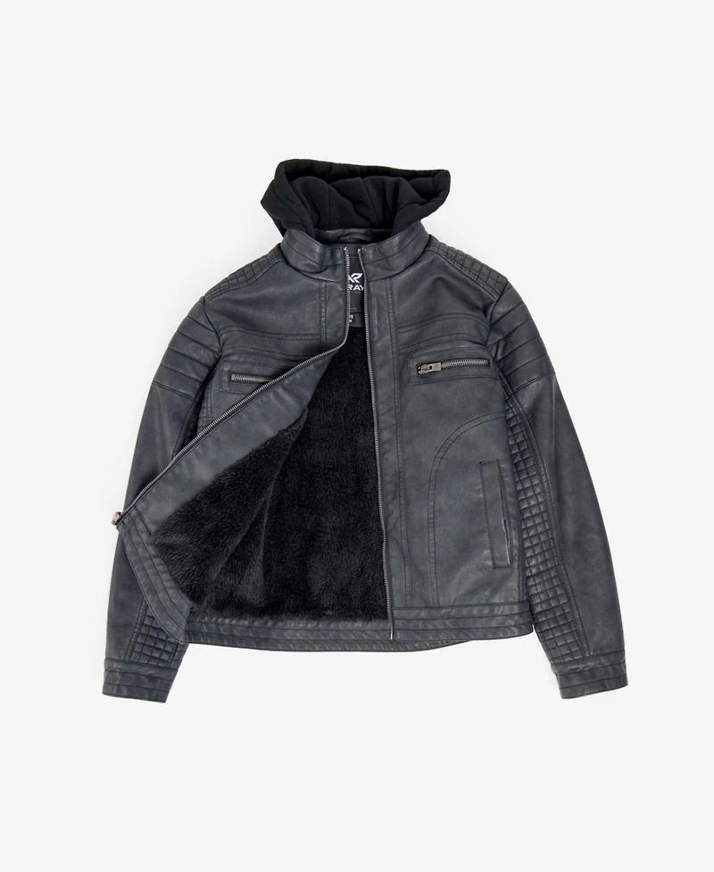 Boy's Lined Moto Pu Leather Jacket With Removable Hood