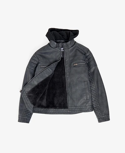Boy's Lined Moto Pu Leather Jacket With Removable Hood