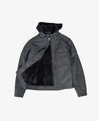 Boy's Lined Moto Pu Leather Jacket With Removable Hood