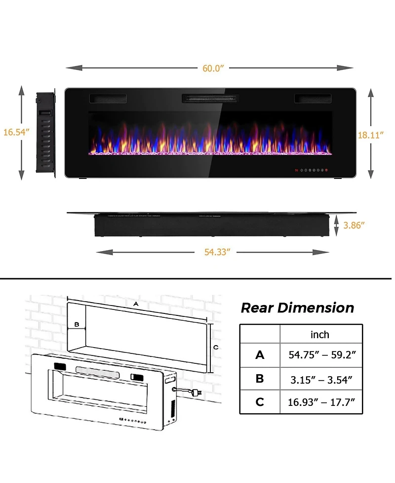 Sugift 60 Inch Ultra Thin Electric Fireplace with 2 Heat Settings