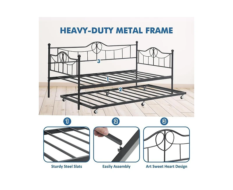 gaomon Twin Daybed with Trundle, Modern Pull Out Day Bed Frame with Vintage Headboard, Metal Daybed with Sturdy Slat Support, Easy Assemble, for Small