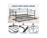 gaomon Twin Daybed with Trundle, Modern Pull Out Day Bed Frame with Vintage Headboard, Metal Daybed with Sturdy Slat Support, Easy Assemble, for Small