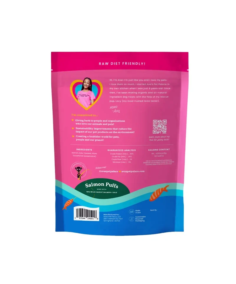 Ava's Pet Palace Freeze-Dried Salmon Puffs – Omega-3 Rich Wild-Caught Salmon, Kale & Flaxseed Dog Treats – 3 oz