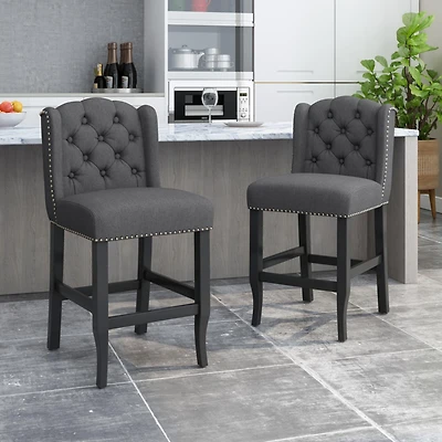 Set of 2 Wingback Counter Stools with Button-Tufted Back & Nailhead Accents-The Pop Home