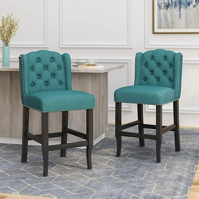 Set of 2 Wingback Counter Stools with Button-Tufted Back & Nailhead Accents-The Pop Home
