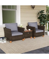 Gouun 3-Piece Patio Rattan Furniture Set with Acacia Wood Table