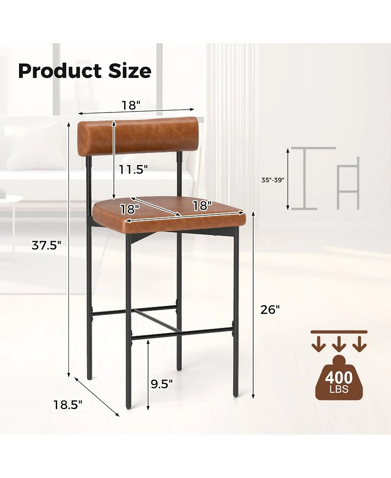Gouun 20 Inch Upholstered Bar Stools Set of 2 Counter Height Bar Chairs with Backrest