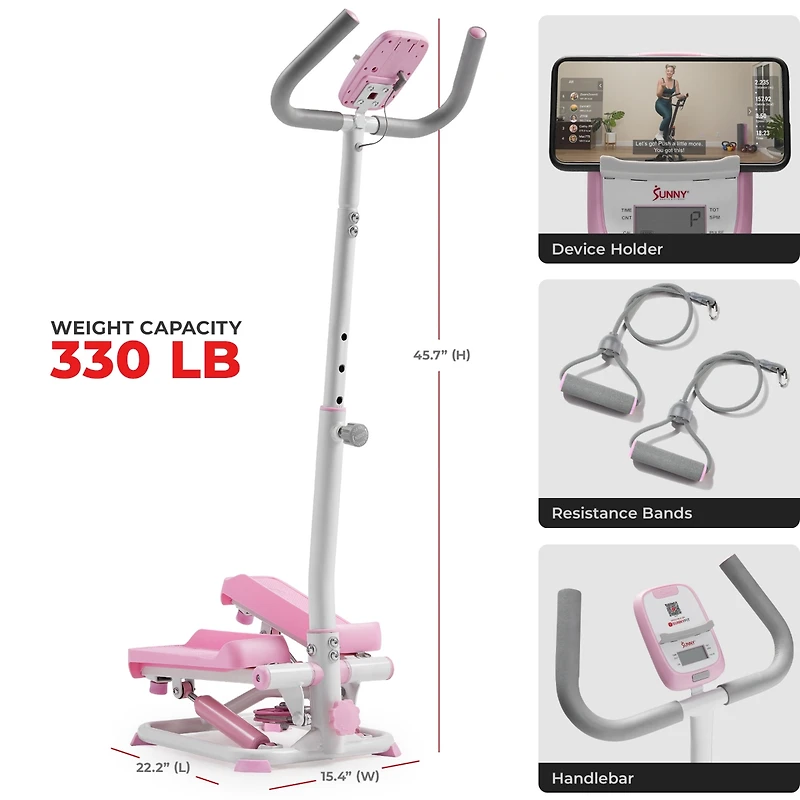 Sunny Health & Fitness Pink Smart Stair Exercise Stepper w Handlebar & Resistance Band, Free SunnyFit App Via Bluetooth