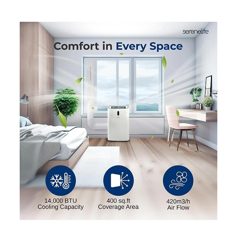 SereneLife Portable Air Conditioner, 14000 Btu, Dehumidifier & Fan Modes