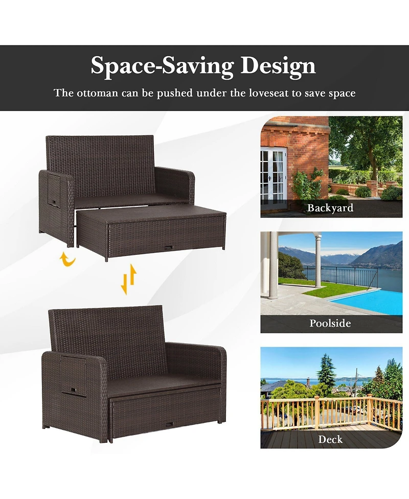 Patio Rattan Daybed with 4-Level Adjustable Backrest and Retractable Side Tray