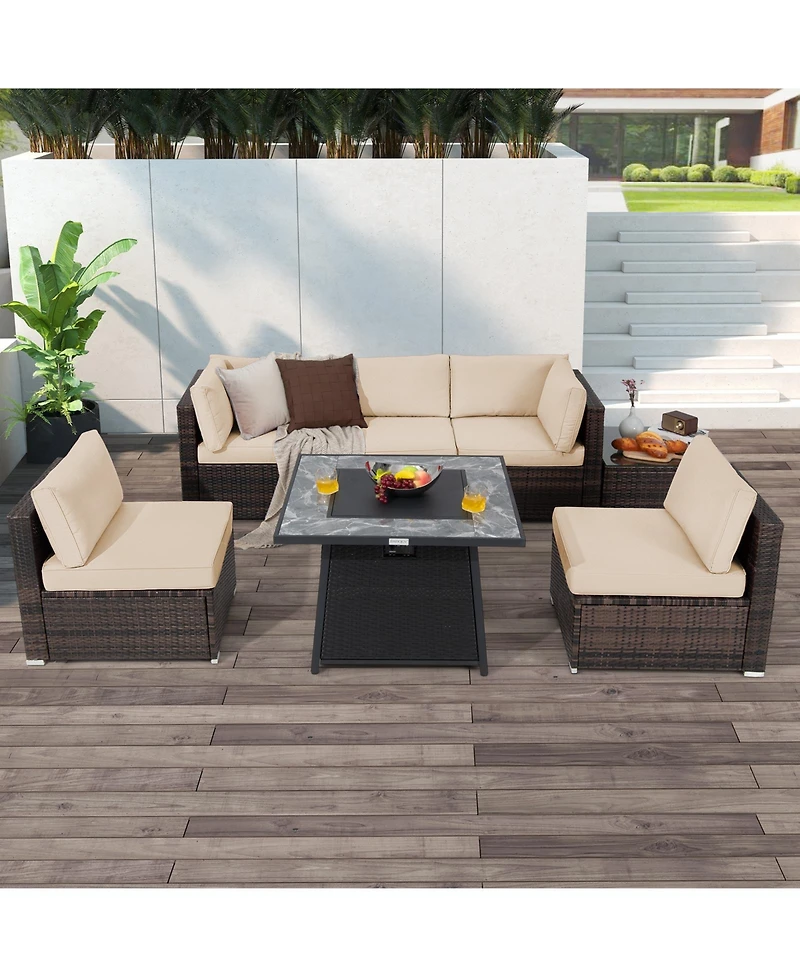 Gouun 7 Pieces Patio Furniture Set with 35 Inches 50000 Btu Propane Gas Fire Pit Table and Waterproof Cover for Firpit