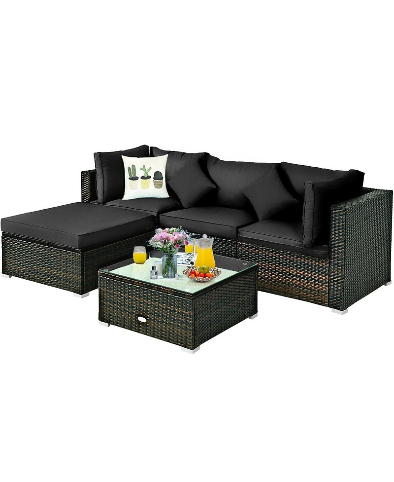5 Pcs Outdoor Patio Rattan Furniture Set Sectional Conversation with Cushions