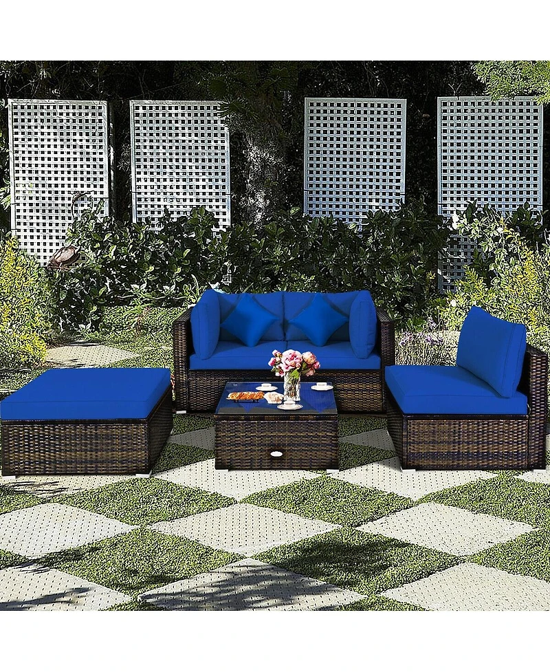 5 Pcs Outdoor Patio Rattan Furniture Set Sectional Conversation with Cushions