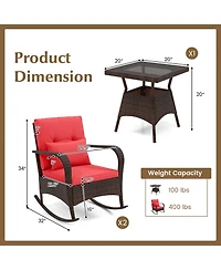 Gouun 3 Pieces Outdoor Rocking Set with Tempered Glass Table for Backyard Poolside