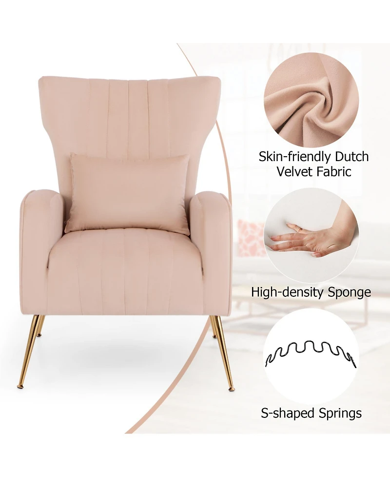 Gouun Velvet Upholstered Wingback Chair with Lumbar Pillow and Metal Legs