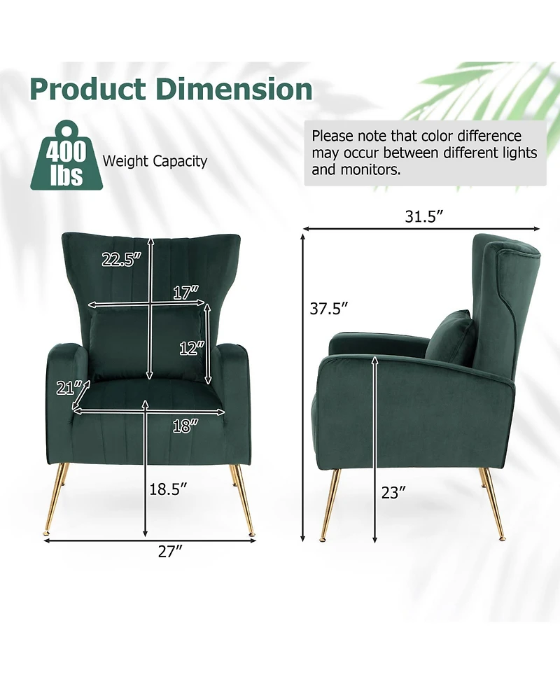 Gouun Velvet Upholstered Wingback Chair with Lumbar Pillow and Metal Legs