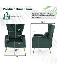 Gouun Velvet Upholstered Wingback Chair with Lumbar Pillow and Metal Legs
