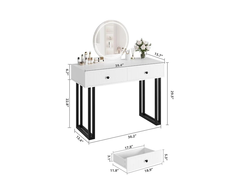 gaomon Vanity Desk with Mirror and Lights, Small Makeup Vanity with 2 Drawers, Modern Vanity Organizer with 3 Color Lights Adjustable Brightness