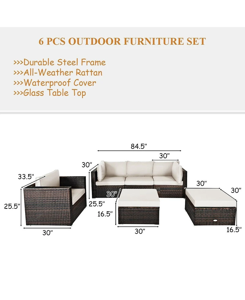 6 Pieces Patio Rattan Furniture Set with Sectional Cushion and Ottomans