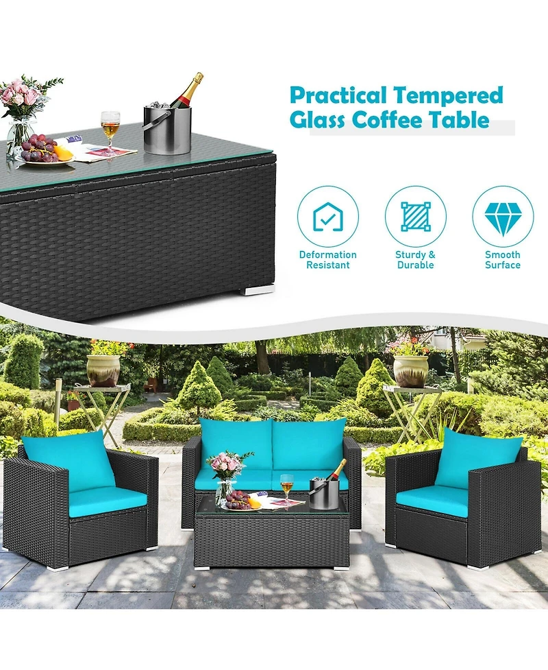 4Pcs Patio Rattan Cushioned Furniture Set