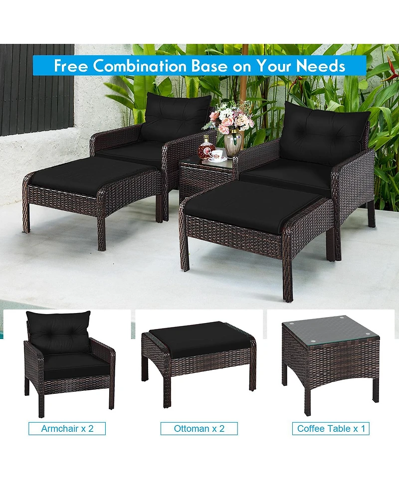 Gouun 5 Pieces Patio Rattan Sofa Ottoman Furniture Set with Cushions
