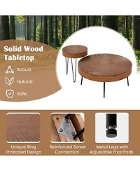 Gouun Set of 2 Boho Round Table with Solid Pine Wood Top and Metal Legs