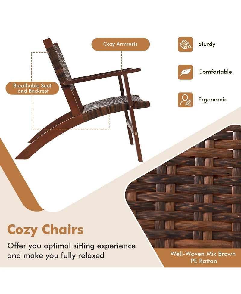 3 Pieces Outdoor Wooden Patio Rattan Furniture Set
