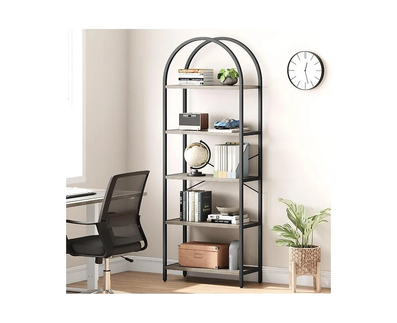 gaomon Bookshelf 5 Tier Bookcase Arched Display Racks Tall Standing Bookshelves Metal Frame Farmhouse Storage Rack Shelf Grey Book Shelf for Bedroom