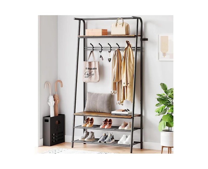 gaomon Coat Rack Shoe Bench, 4-in-1 Hall Trees Entryway Bench with Coat Rack and Shoe Rack, Wood Look Accent Furniture with Steel Frame Storage Shelf