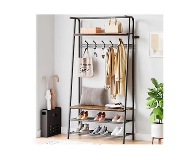 gaomon Coat Rack Shoe Bench, 4-in-1 Hall Trees Entryway Bench with Coat Rack and Shoe Rack, Wood Look Accent Furniture with Steel Frame Storage Shelf