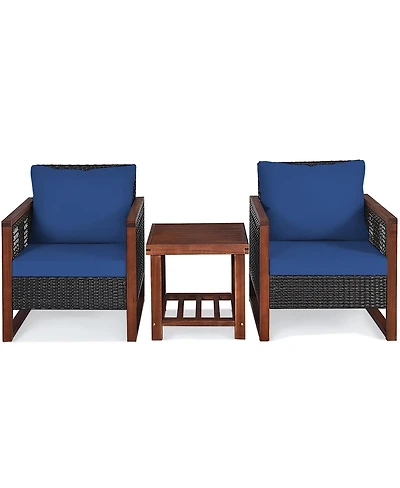 3 Pieces Patio Wicker Furniture Set with Acacia Wood Table and Washable Cushion