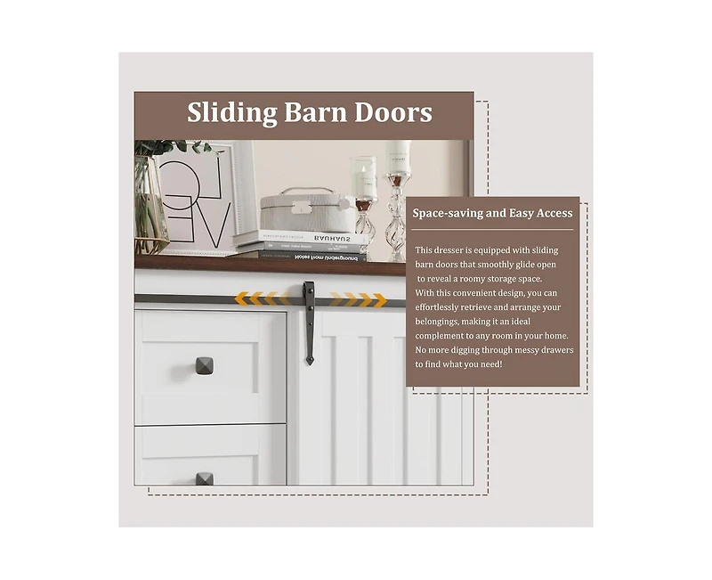 Dresser, 5 Drawers Dresser for Bedroom with Sliding Barn Door, Adjustable Shelf, Farmhouse Tall Chest of Drawer, Storage Organizer Dresser for Hallway