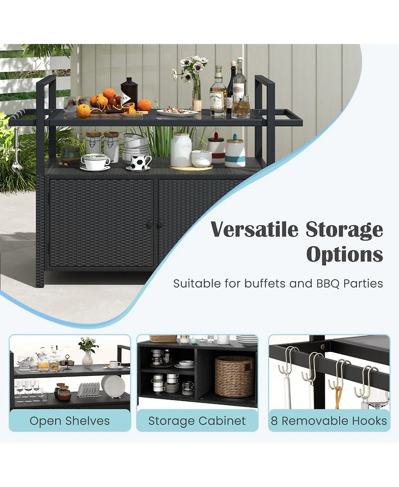 Gouun Outdoor Bar Cart Rolling Wicker Buffet Serving Cart with Tempered Glass Top Storage Cabinet and 8 Hooks