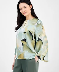 Anne Klein Petite Printed Keyhole-Front Long-Sleeve Blouse