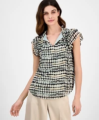 Anne Klein Women's Abstract-Print Split-Neck Flutter-Sleeve Top