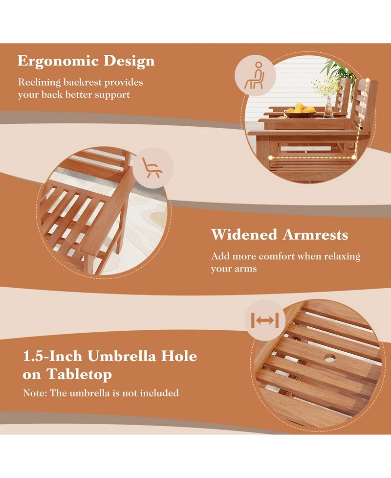 Gouun Outdoor Patio Wood 2-Seat Conversation Set with Table and Umbrella Hole