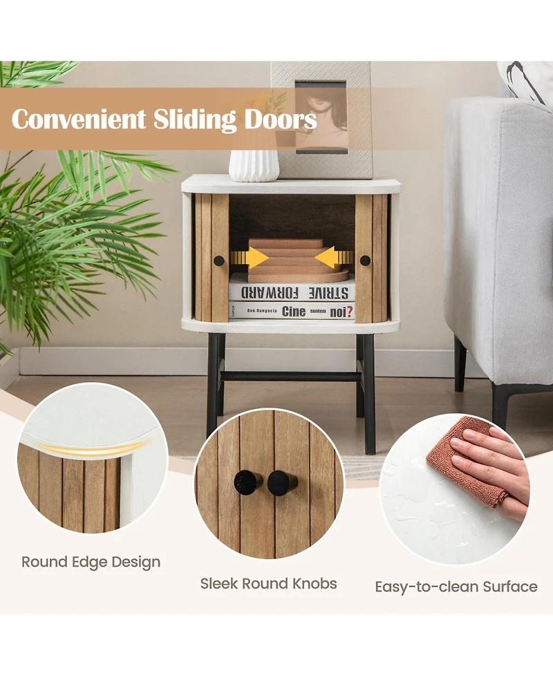 Mid-century Modern Nightstand with Sliding Doors and Storage Cabinet