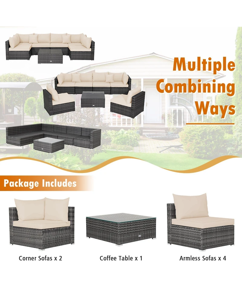 7 Pieces Patio Rattan Furniture Set with Sectional Sofa Cushioned