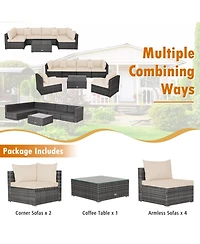 7 Pieces Patio Rattan Furniture Set with Sectional Sofa Cushioned