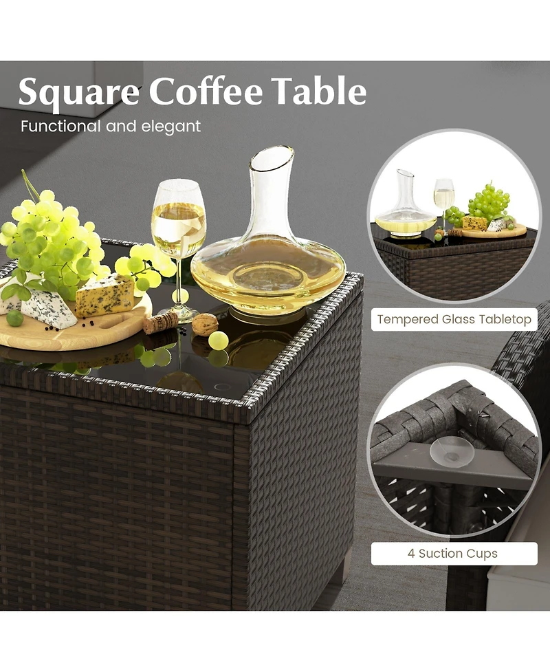 Gouun 5 Pieces Patio Rattan Furniture with 2 Ottomans and Tempered Glass Table