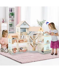 Gymax Wooden Corner Dollhouse Playset w/ 41 Pieces of Furniture and Accessories