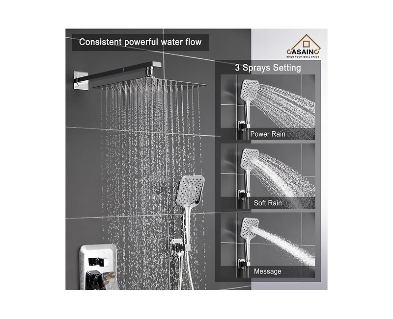 Casainc 10 Inch Wall Mounted Square Shower System Set with Handheld Spray