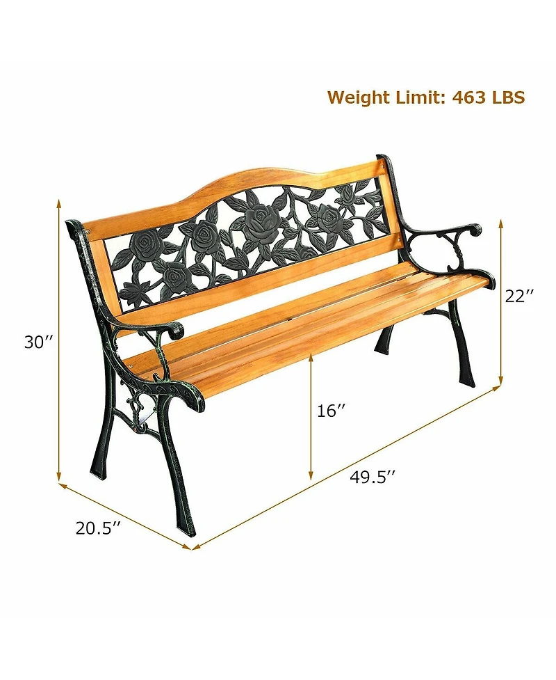 Gouun Garden Bench Chair Outdoor Wooden Loveseat with Iron Armrest